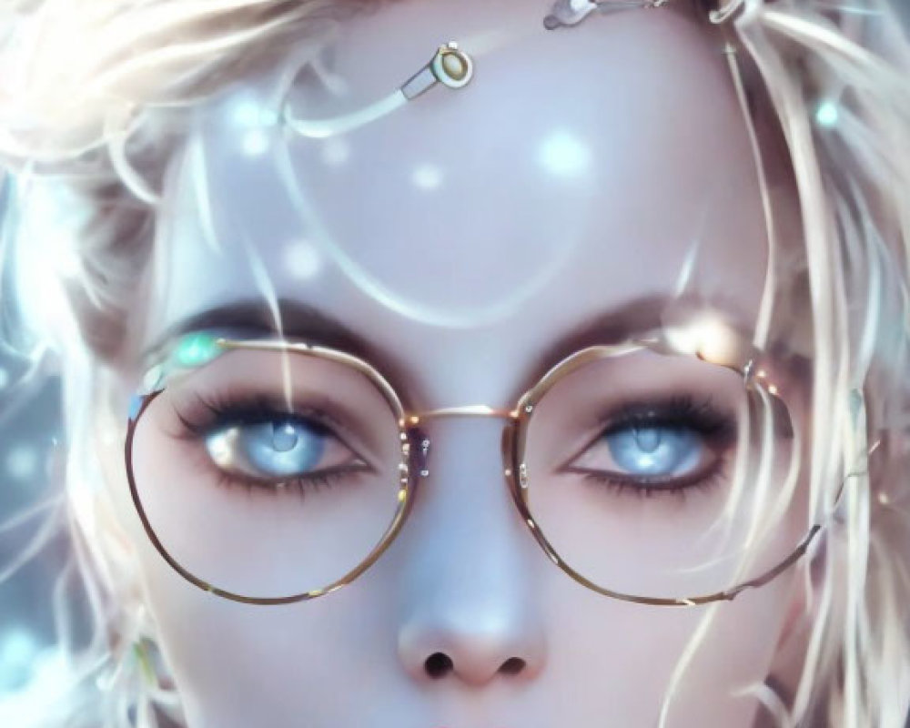 Digital artwork of woman with pale skin, blue eyes, blonde hair in bun, gold glasses, subtle