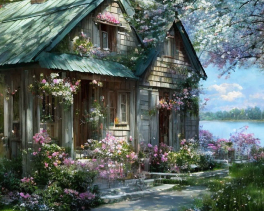Scenic cottage with blooming flowers, lake, and blue sky
