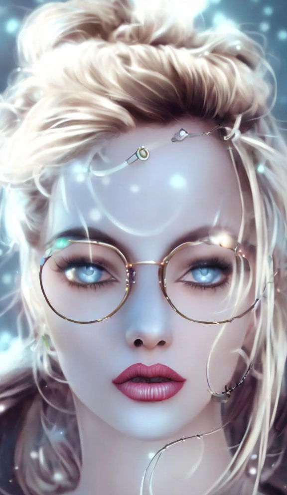 Digital artwork of woman with pale skin, blue eyes, blonde hair in bun, gold glasses, subtle