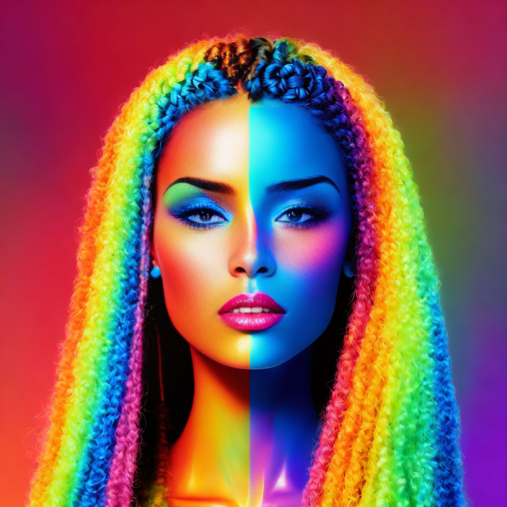 Multicolored braided hair on woman with rainbow lighting.