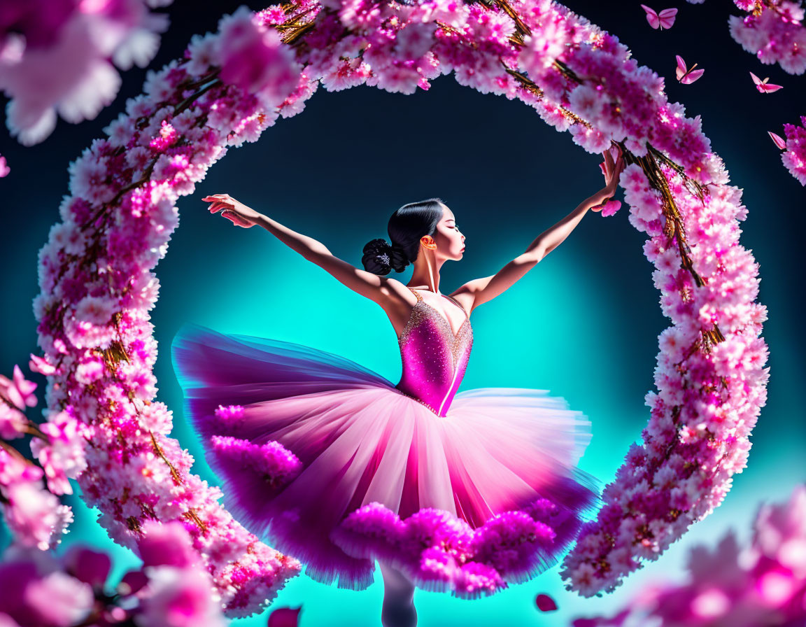 Ballet dancer in pink tutu framed by floral arch on blue background