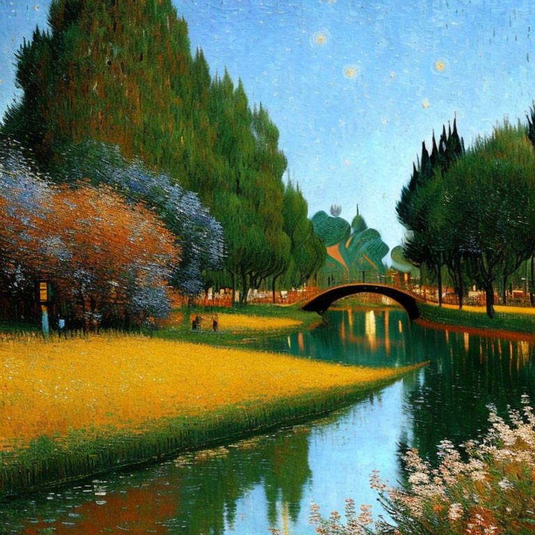 Vibrant Impressionistic Landscape with River, Bridge, and People