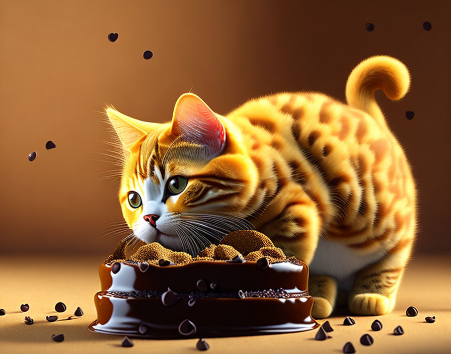 Illustrated orange tabby cat with large eyes and chocolate cake on brown background