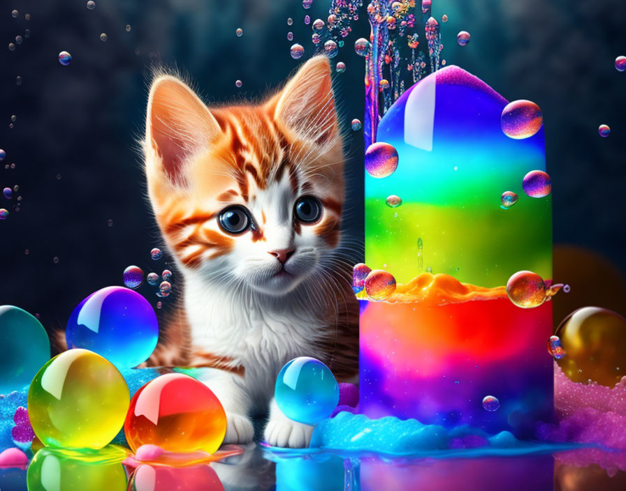 Whimsical kitten with bubbles and melting rainbow candle