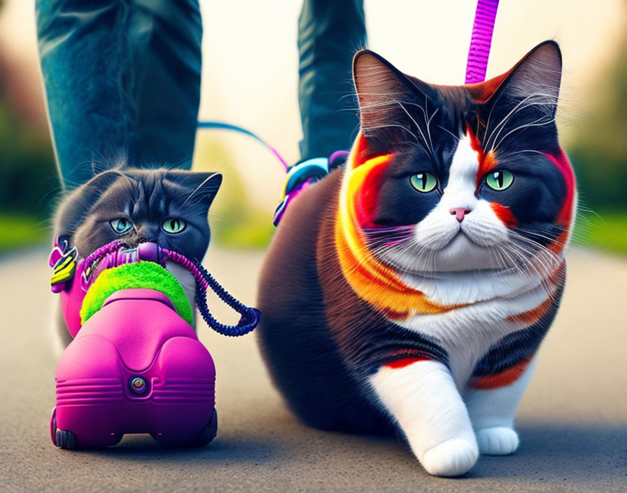 Vibrantly colored hyper-realistic cats with person, one on skateboard.