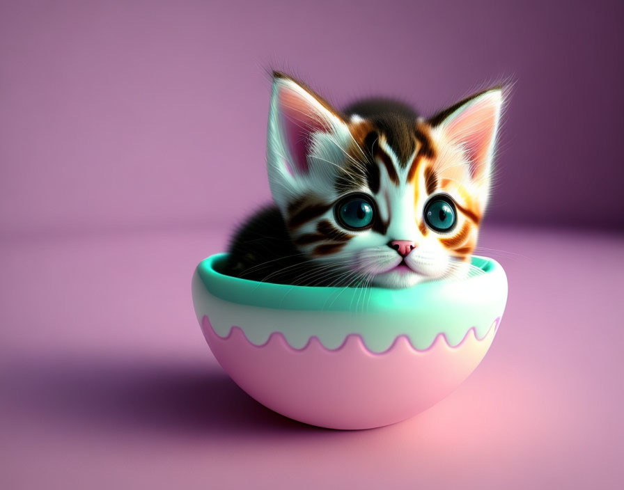Colorful Cartoon Kitten in Pastel Bowl on Pink Background
