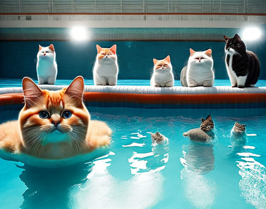 Whimsical poolside scene with cats lounging and swimming