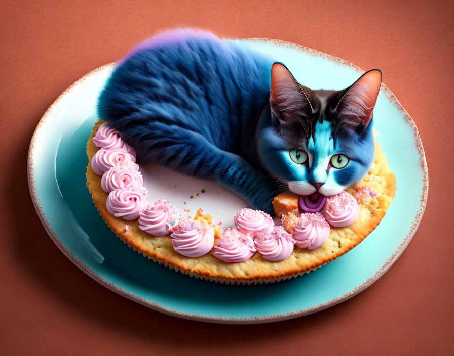Blue-Furred Cat with Green Eyes on Tart with Pink Cream Plate