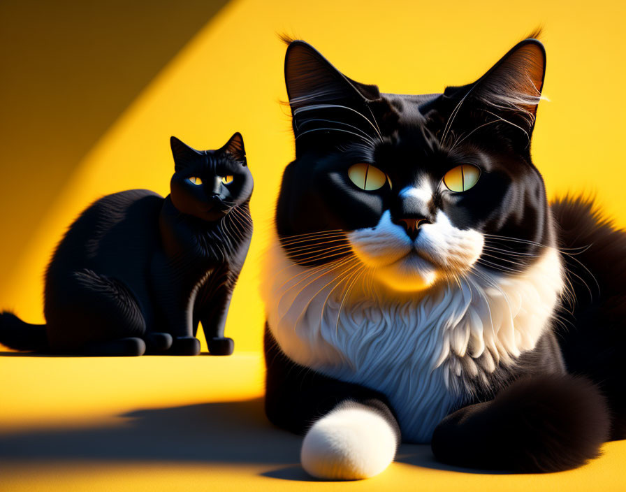 Black and White Cats with Yellow Eyes on Yellow Background