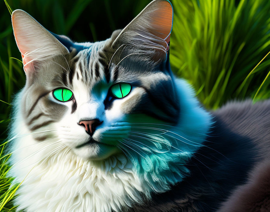 Close-Up of Cat with Striking Green Eyes and Striped Fur on Vibrant Green Grass