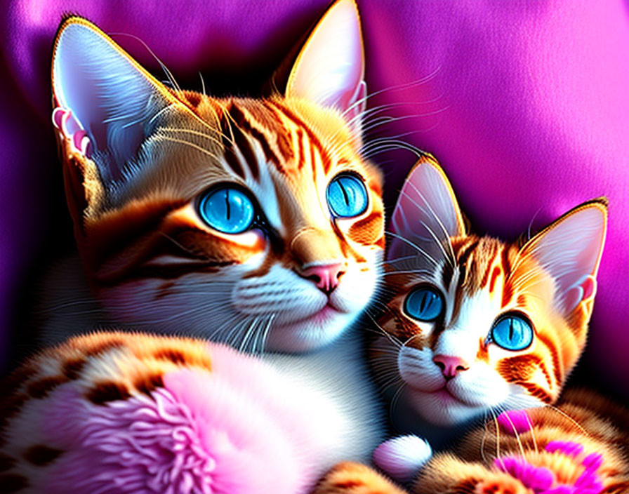 Vibrant cartoon-like cats with blue eyes on purple background