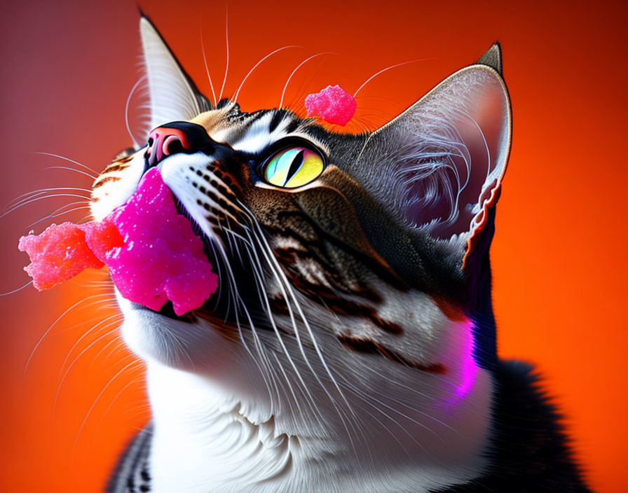 Tabby Cat with Amber Eyes and Candy Whiskers on Orange Background