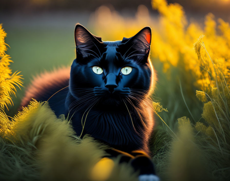 Striking green-eyed black cat among yellow flowers in golden hour.