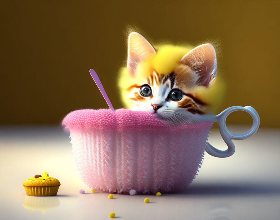 Cute kitten in pink knitted cup with cupcake and sprinkles