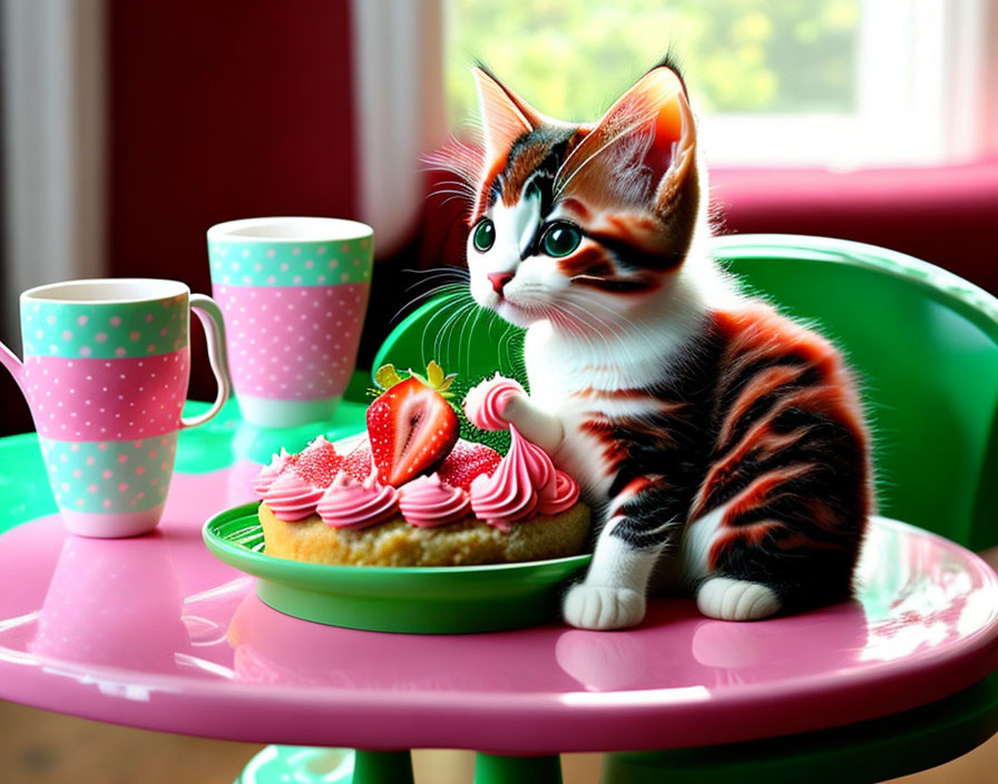 Adorable kitten next to pink cake with strawberries on polka-dotted table