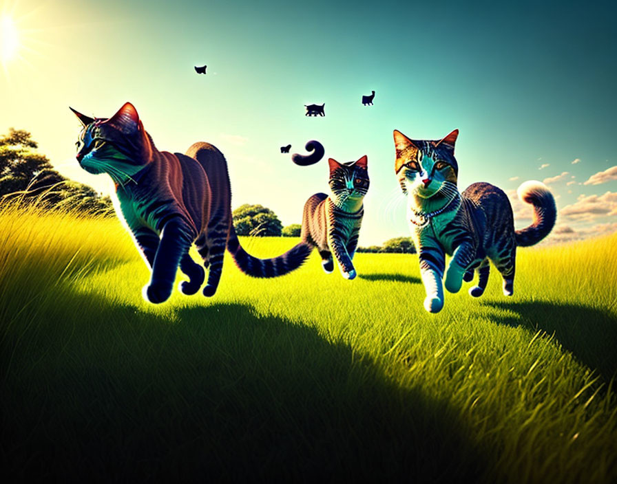 Colorful cats in vibrant grass field under blue sky with silhouettes of cats and birds.