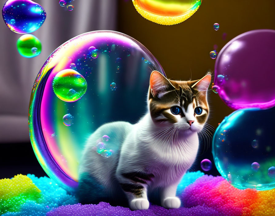 Cat in colorful bubbles with glossy and glittery textures