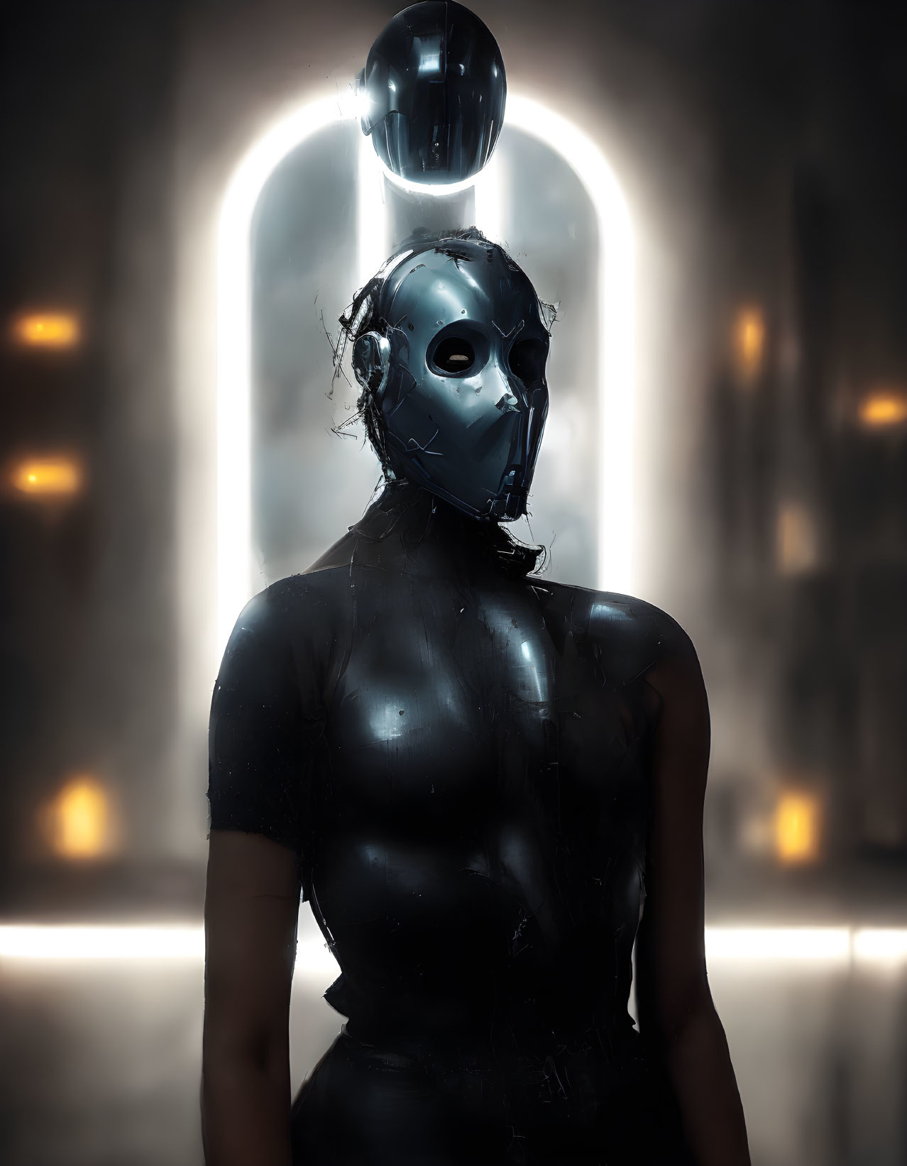 Glossy Black Humanoid Figure with Dark Mask in Soft Backlight