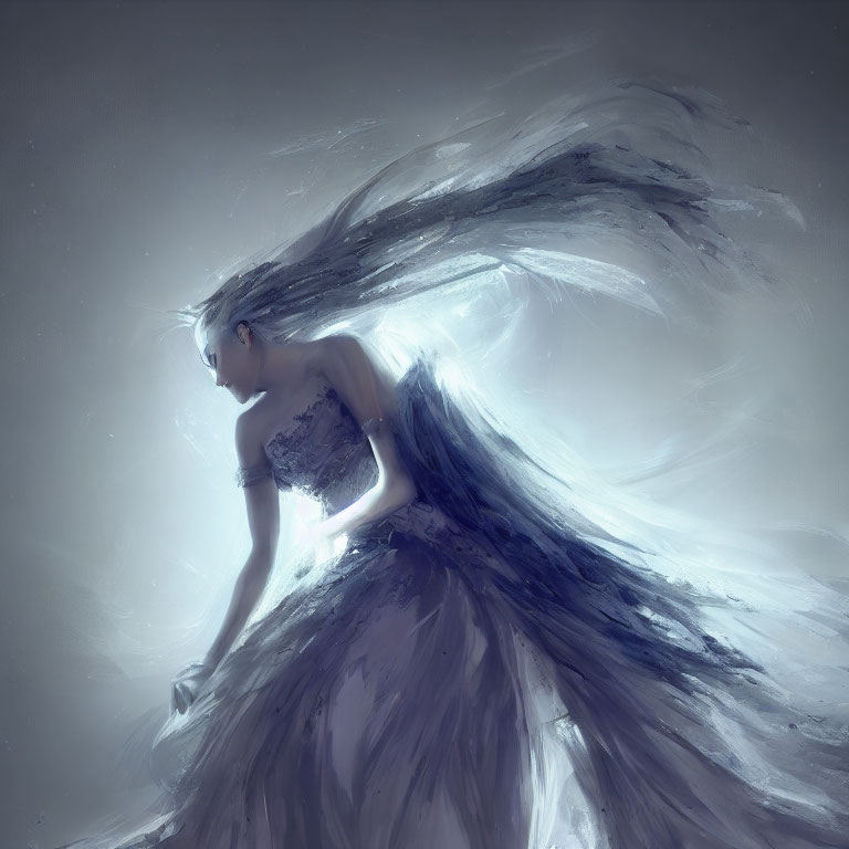 Ethereal figure in flowing dress with dynamic train on soft-focus background