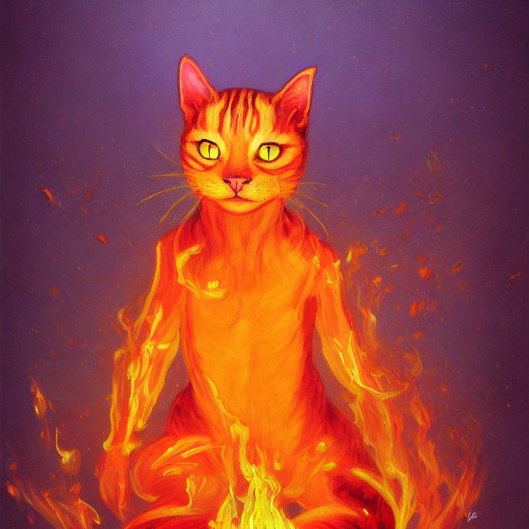 Flaming cat artwork on purple background