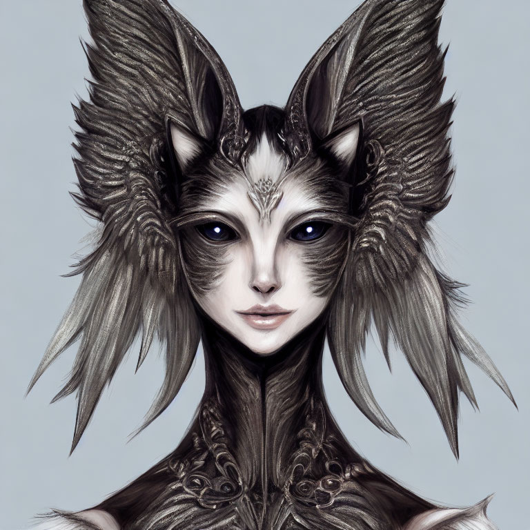 Fantasy portrait of character with feline features and ornate neck attire