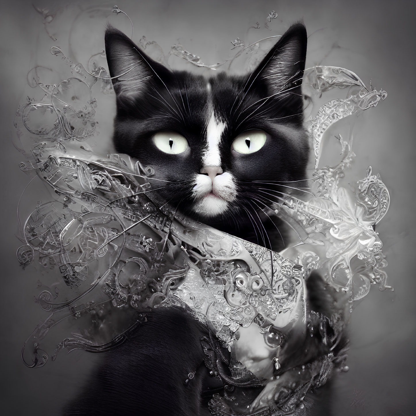 Black and White Cat with Green Eyes and Silver Filigree Patterns on Monochromatic Background