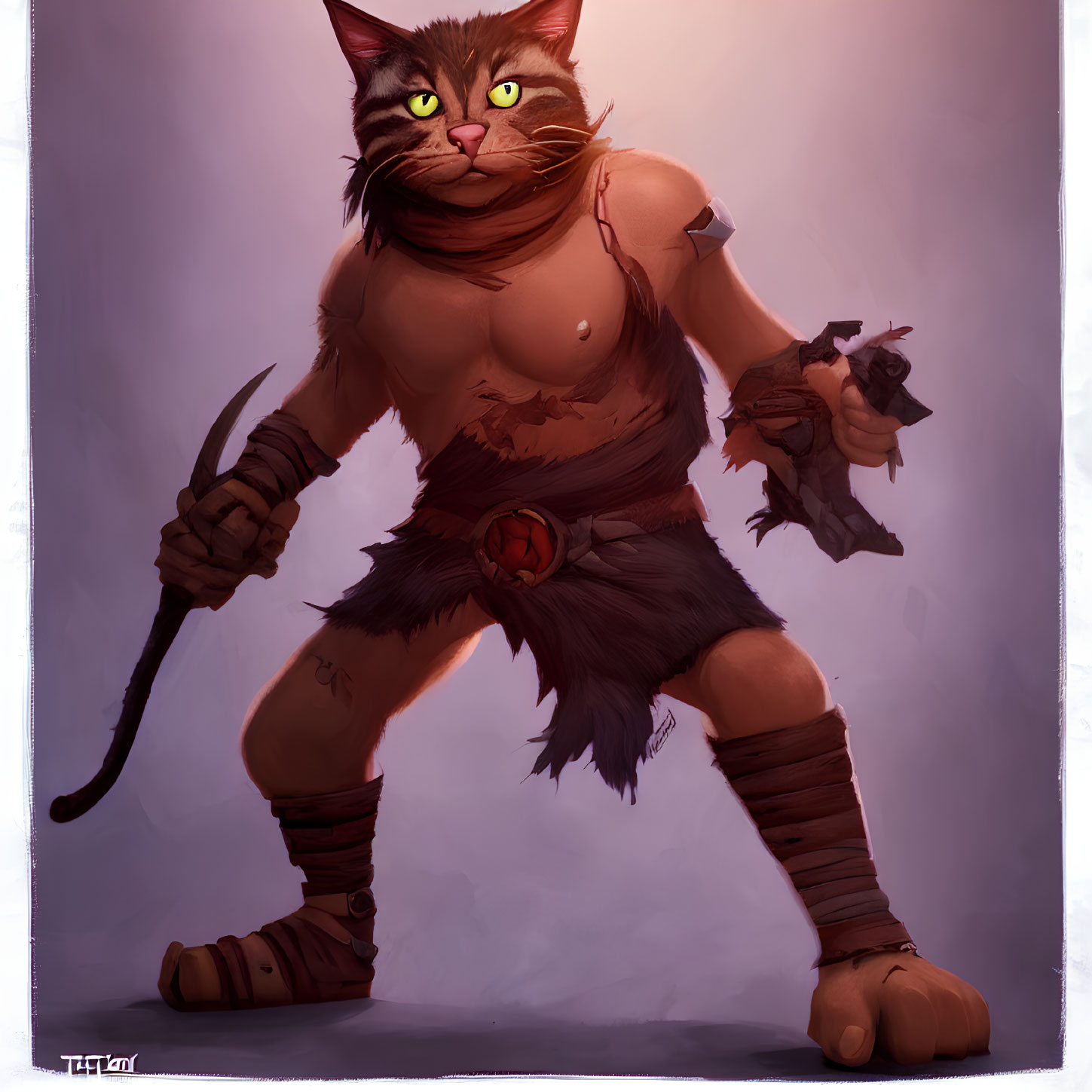 Feline warrior in tattered clothing with dagger and bird, green eyes.