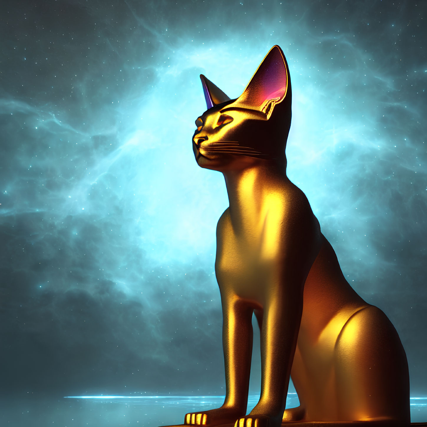 Golden Egyptian Cat Statue with Pink Inner Ears on Cosmic Background