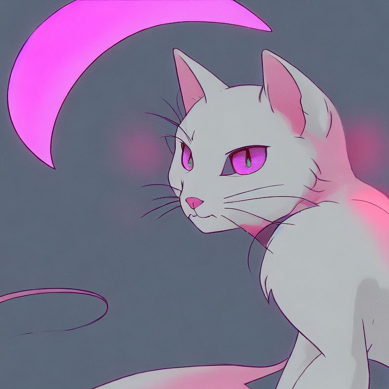 White Cat Illustration with Pink Eyes and Crescent Moon in Pink and Purple Hues