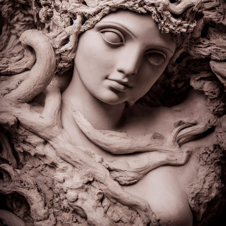 Sepia-toned classical statue: Delicate female face with serene expression