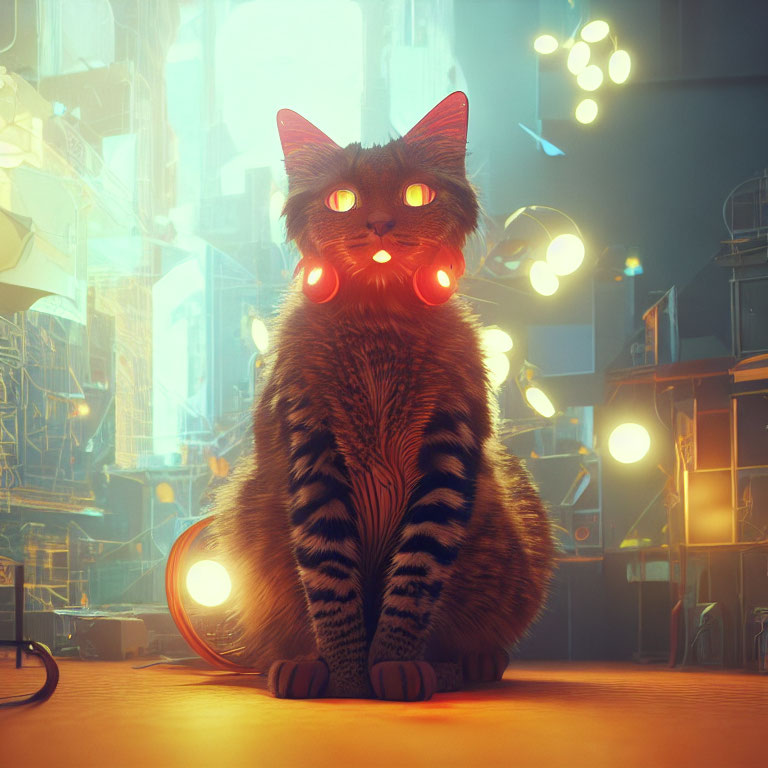 Digital artwork: Cat with glowing red eyes in neon-lit futuristic cityscape