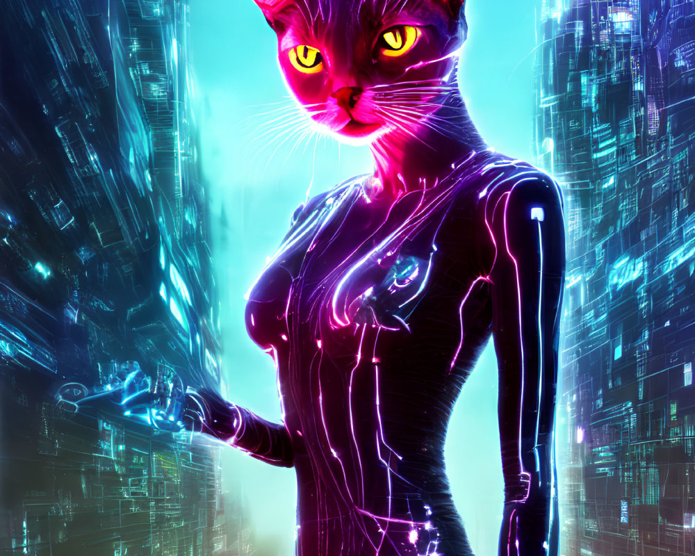 Neon-lined humanoid figure with cat head in futuristic cityscape