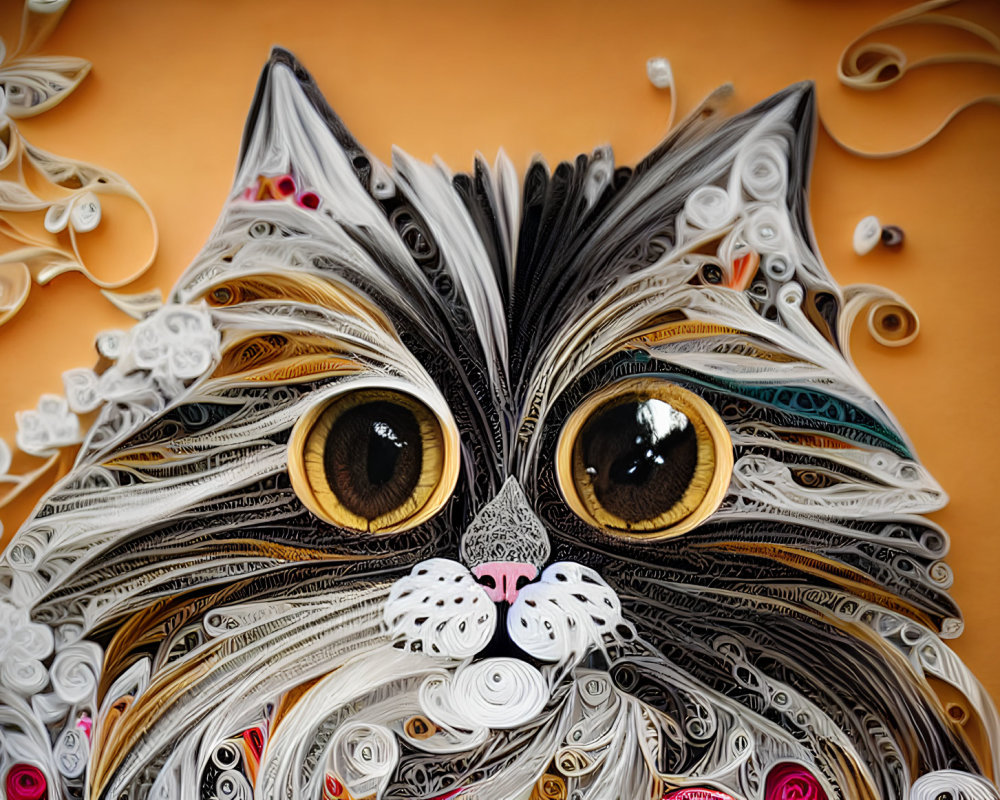 Cat's face quilling art with large amber eyes on orange background