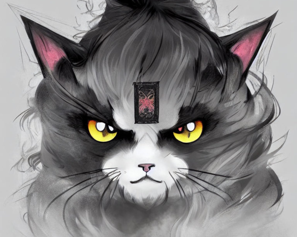 Grey cat illustration with yellow eyes, red talisman, and pink ears