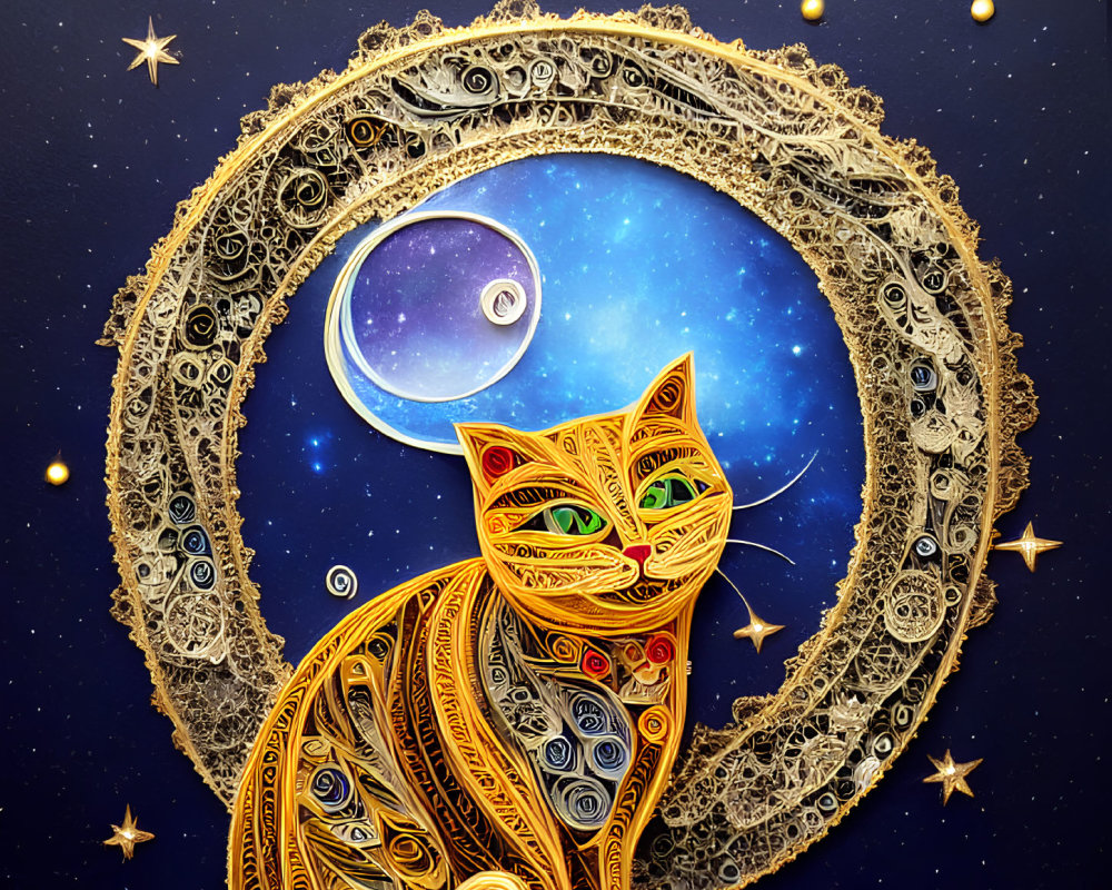 Patterned Quilled-Paper Style Orange Cat Under Crescent Moon Illustration