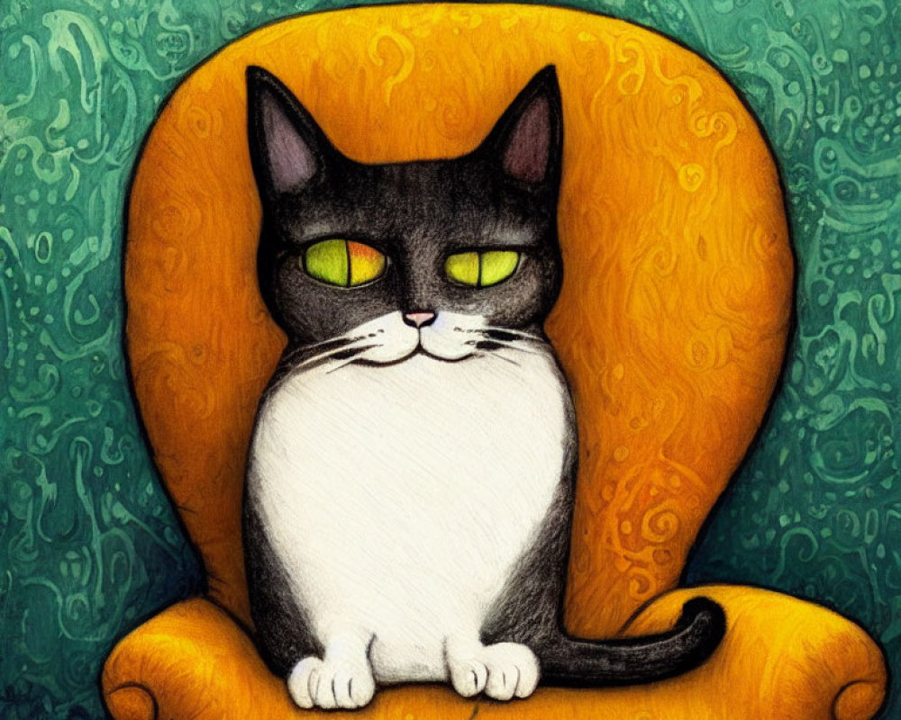 Illustrated black and white cat with green eyes on yellow-orange chair against green background