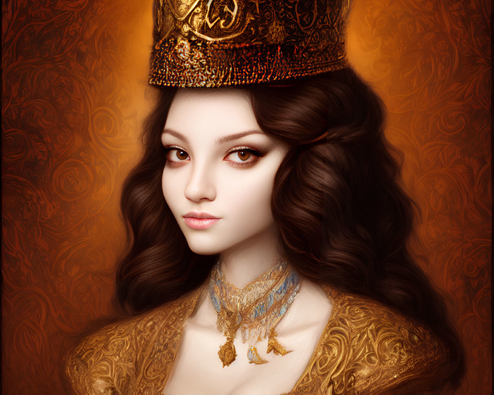 Regal woman with expressive eyes in golden crown and dress on amber background