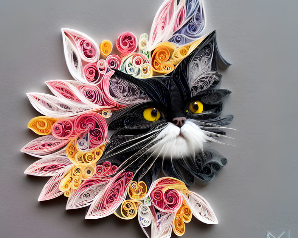 Colorful Paper Quilling Art of Cat on Gray Background