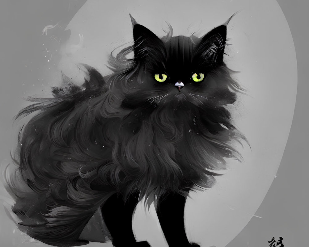 Fluffy black cat with green eyes in digital painting