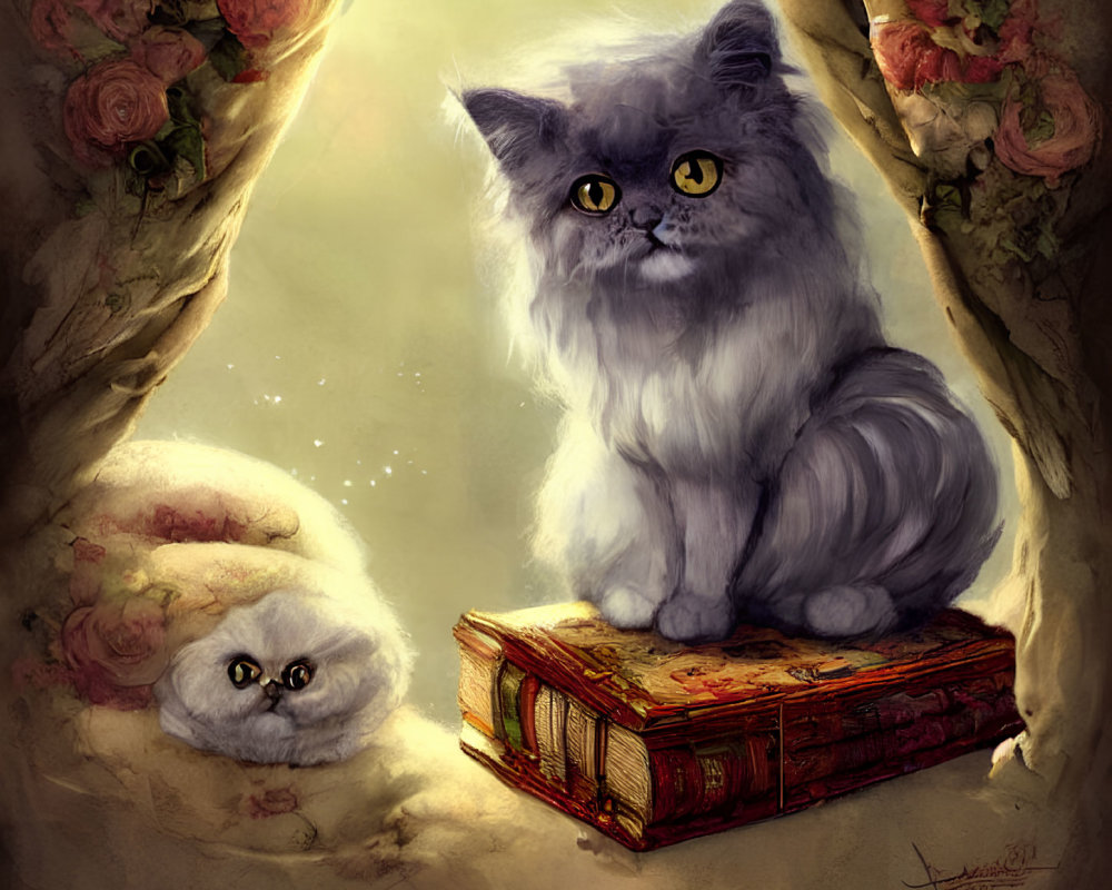 Fluffy gray cat with yellow eyes on red book with white creature and roses