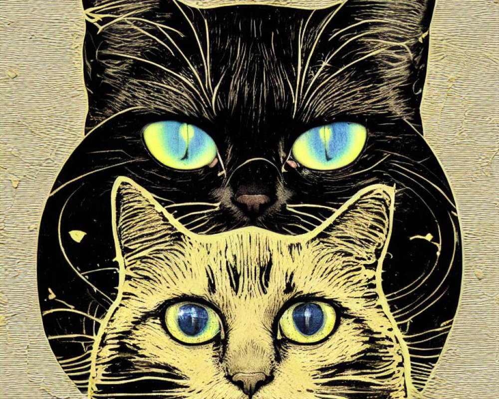 Detailed illustration of two cats with stylized fur patterns and striking eyes