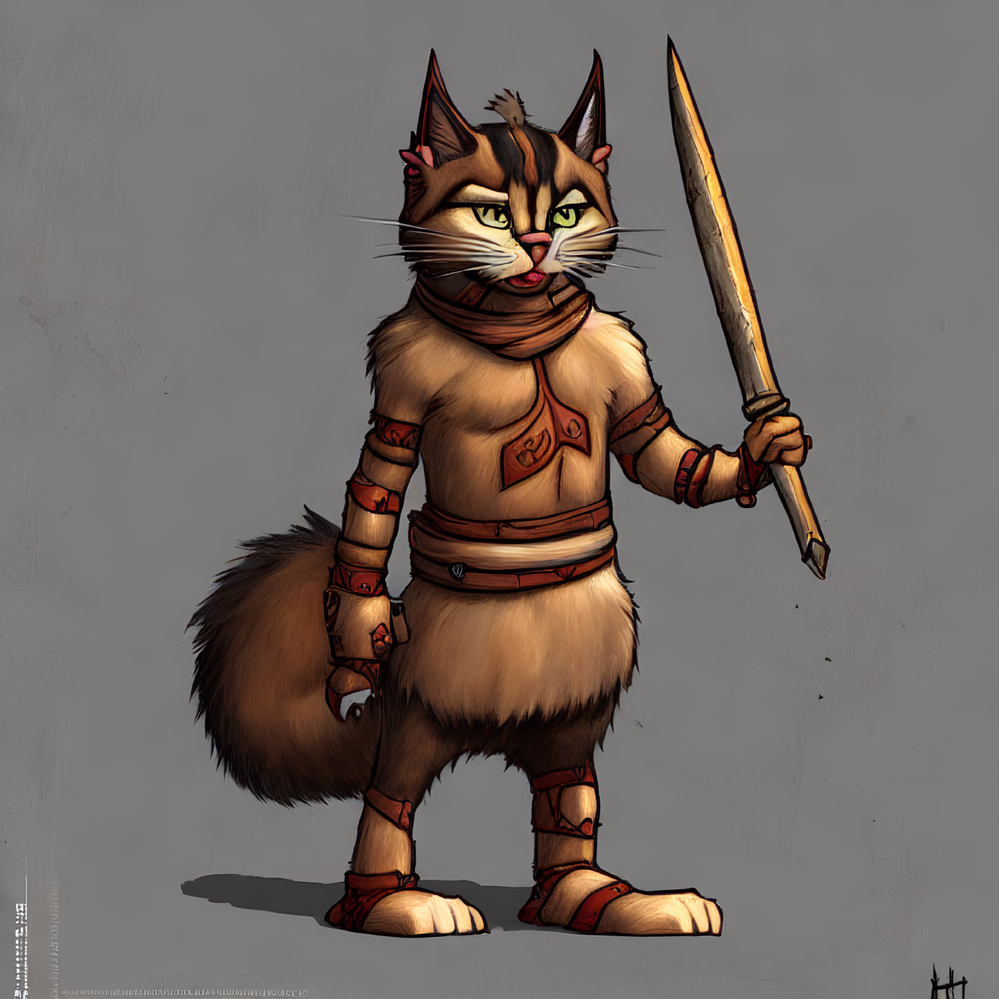 Anthropomorphic Cat Warrior in Tribal Attire with Sword