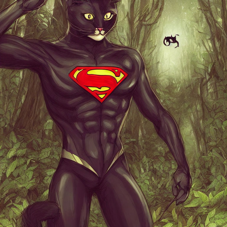 Muscular anthropomorphic cat with Superman logo in forest setting.