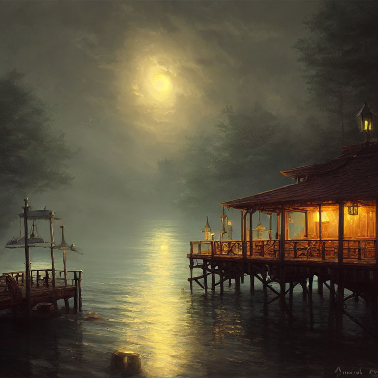 Tranquil Moonlit Lake Scene with Wooden Pier and Cabin