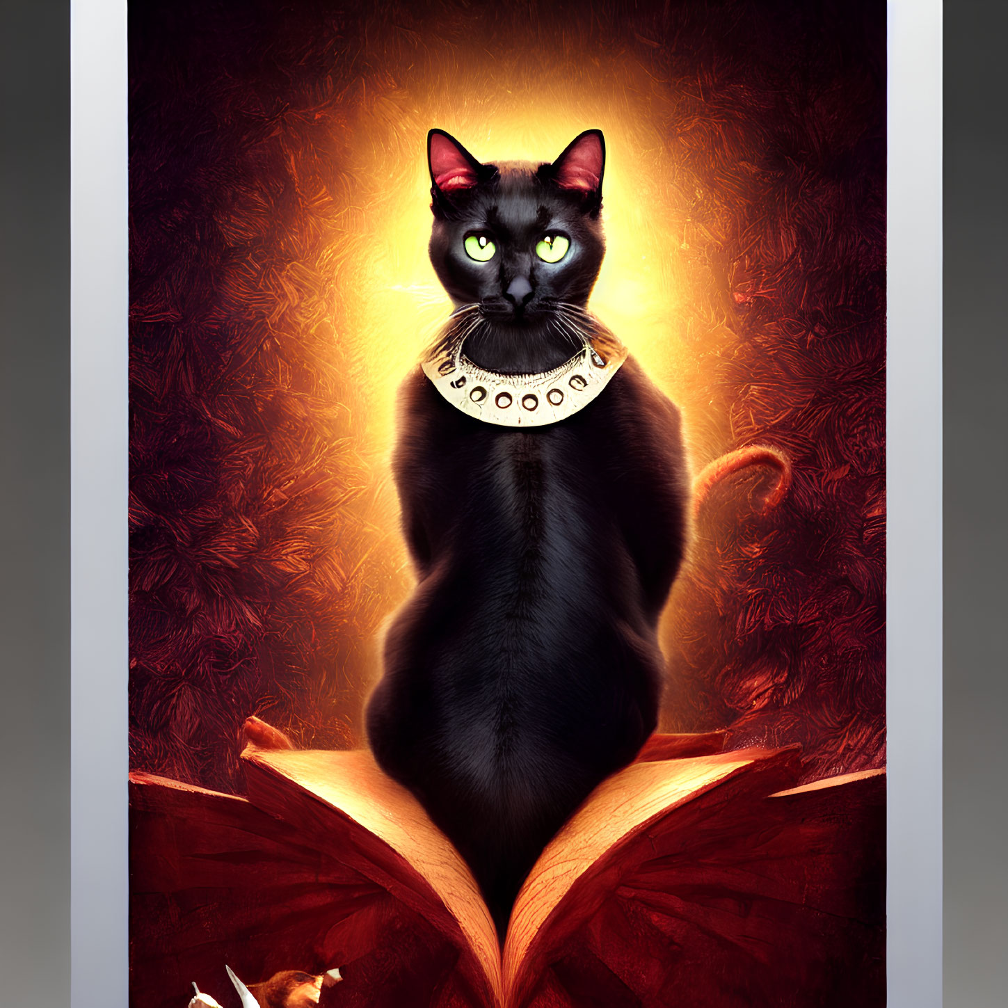Black Cat with Yellow Eyes on Open Book, Golden Glow, Mouse, Fiery Backdrop
