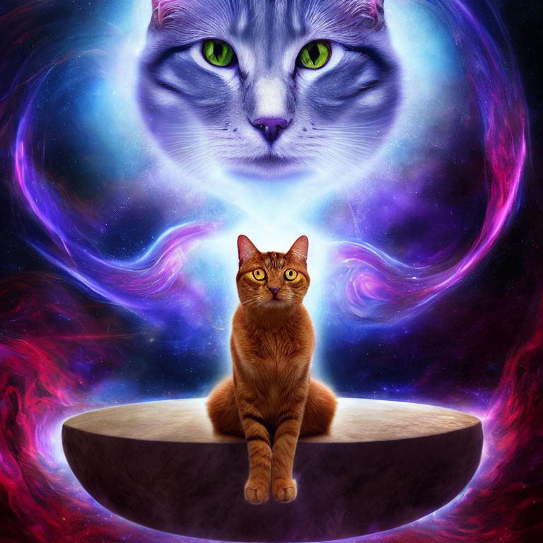 Ginger cat on pedestal with cosmic backdrop and ethereal feline face