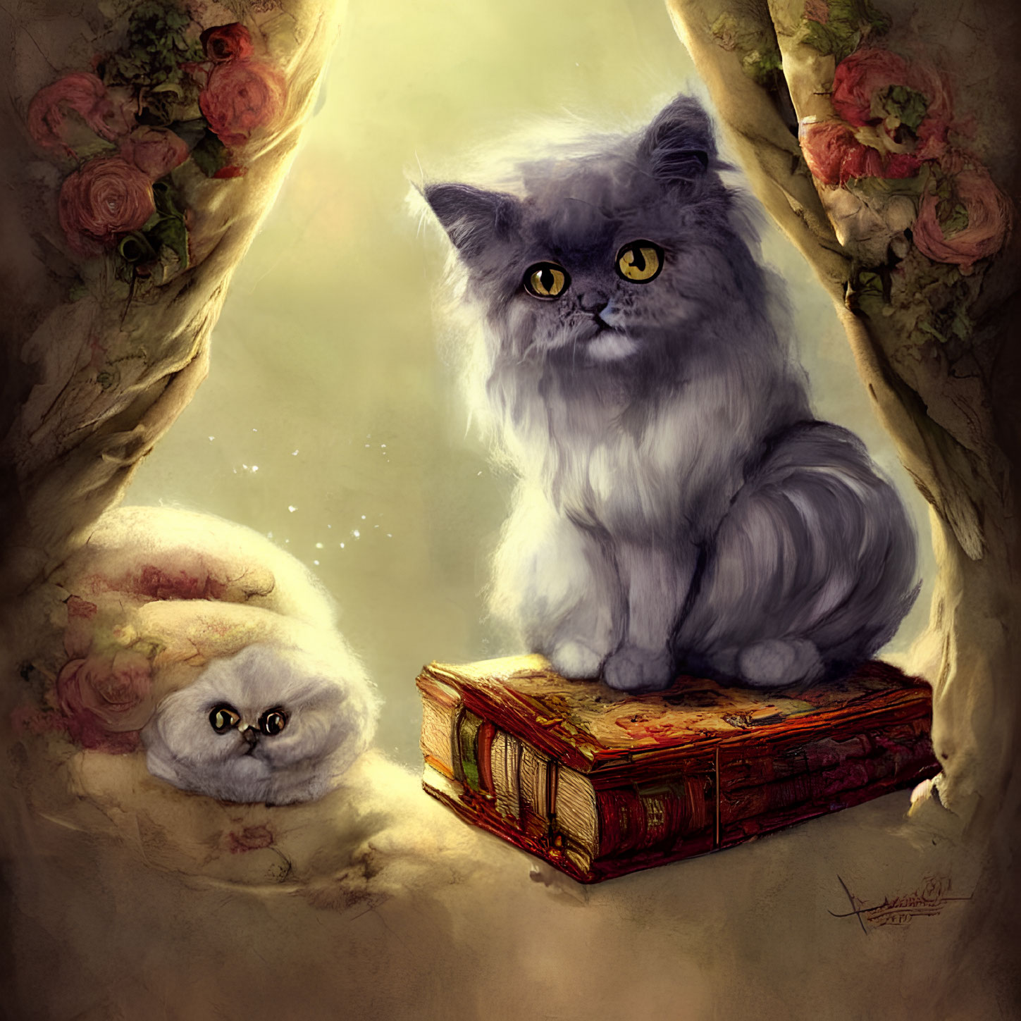 Fluffy gray cat with yellow eyes on red book with white creature and roses