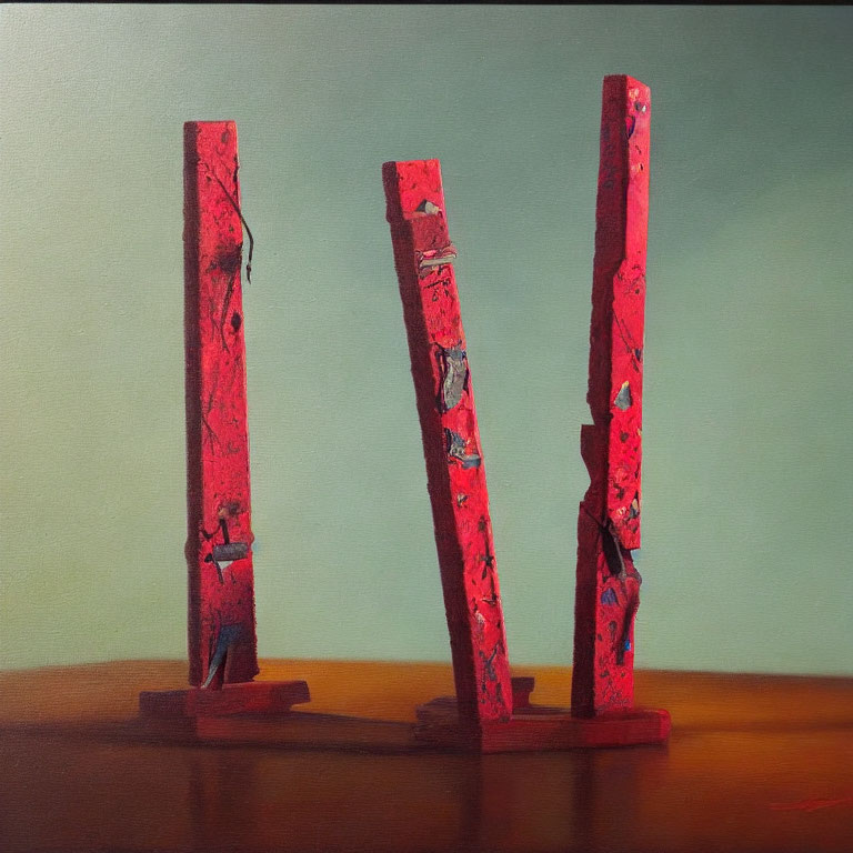 Three Red Weathered Rectangular Sculptures on Gradient Background