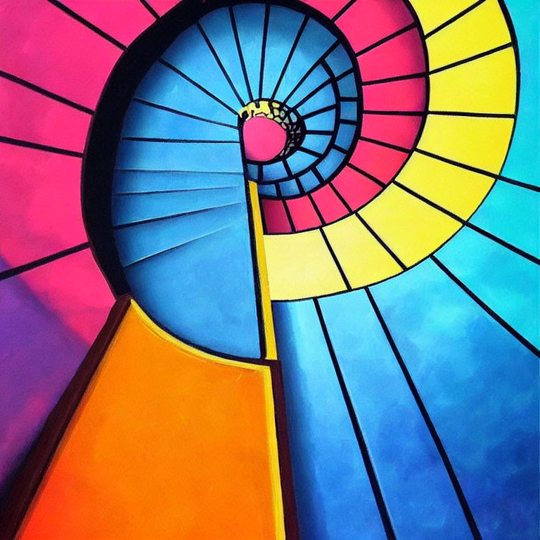 Colorful Abstract Painting: Spiral Staircase on Vibrant Background