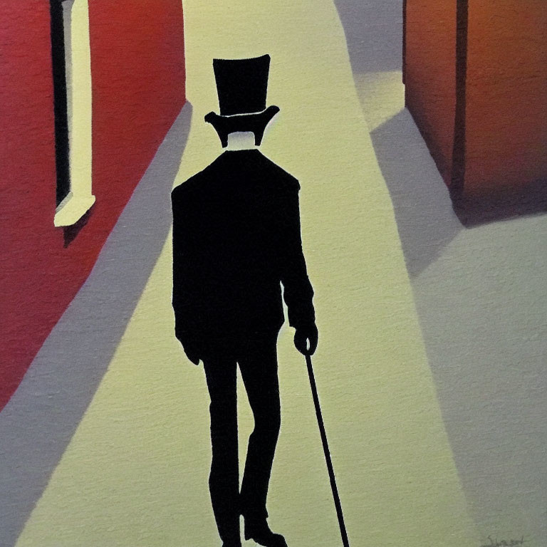 Person in Top Hat and Cane Silhouette Against Colorful Geometric Shapes